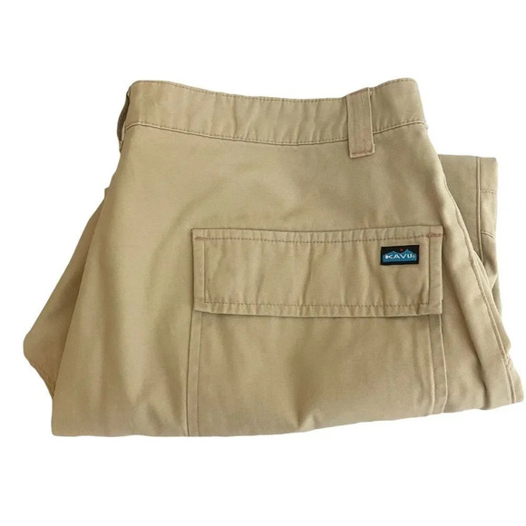 KAVU | Khaki Capri Utility Pants Flap Pockets Logo Side Slits Crop - Picture 6 of 8